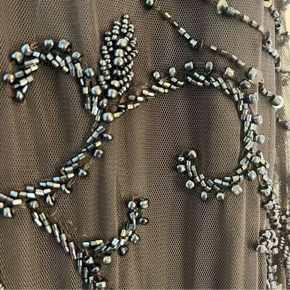 Pisarro Nights Beaded Long Short Sleeve Gown, Size 14, Charcoal Gray, NWT - Picture 10 of 11